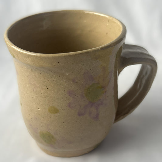 Tan Ceramic Mug with Faded Purple and Green Centered Flower Design