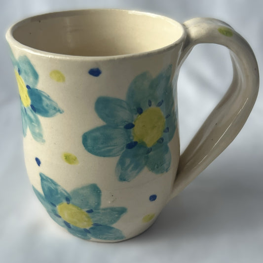 White Ceramic Mug with Blue Fower Design