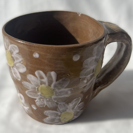 Brown Ceramic Mug with White Flower Design