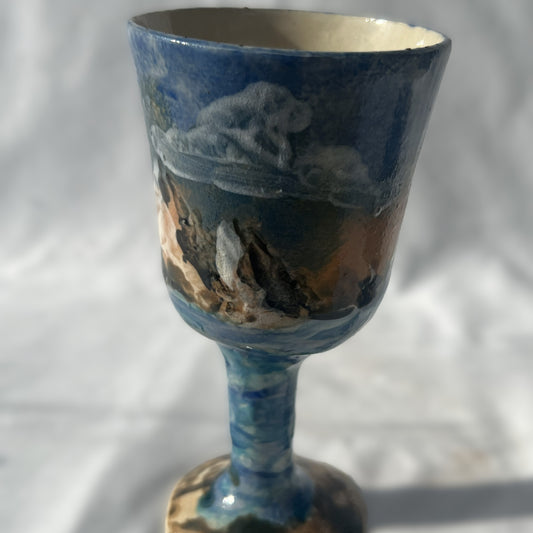Ceramic Wine Glass with a hand drawn Mountain Scene Design