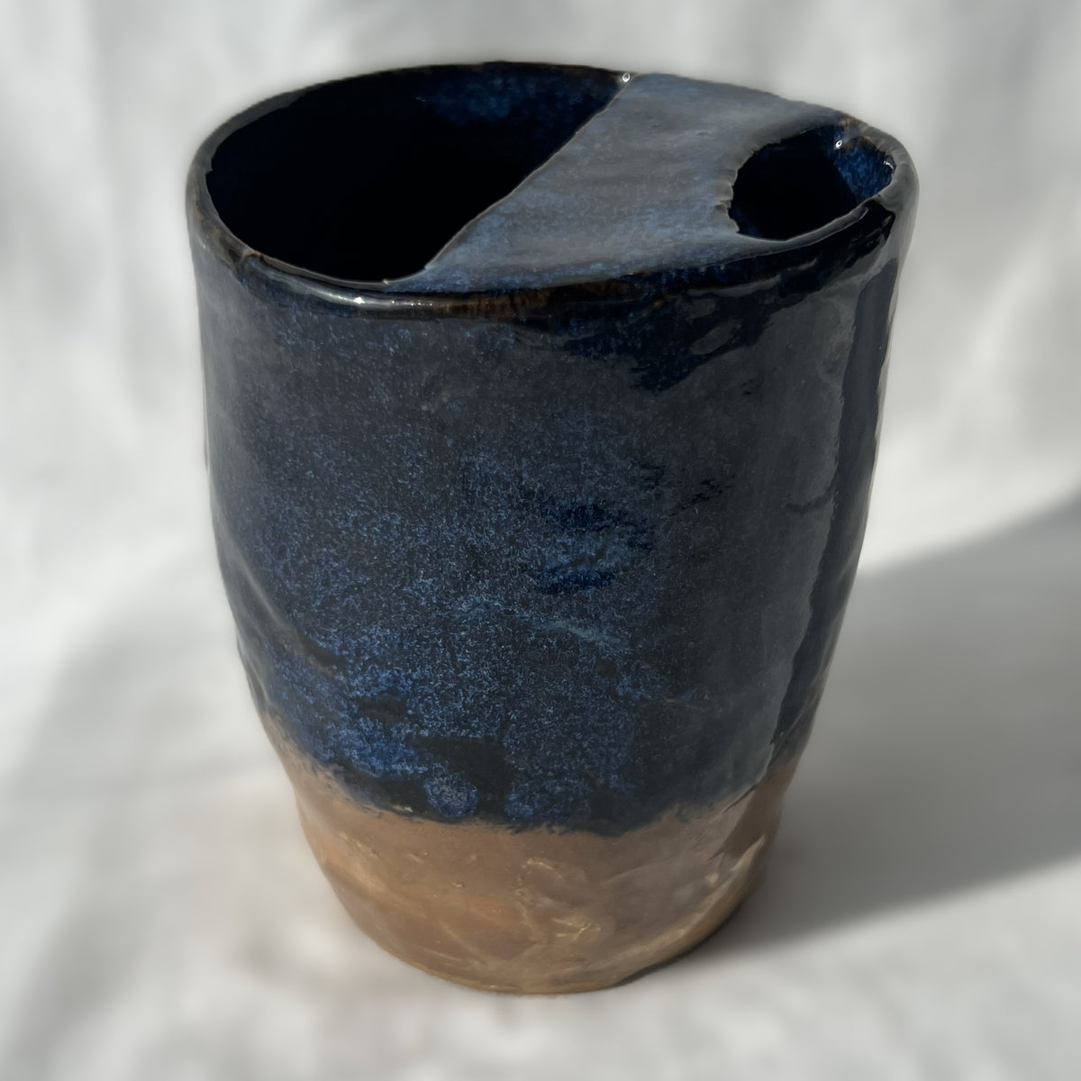 Smooth Textured Ceramic Blue and Brown to go mug with no handle