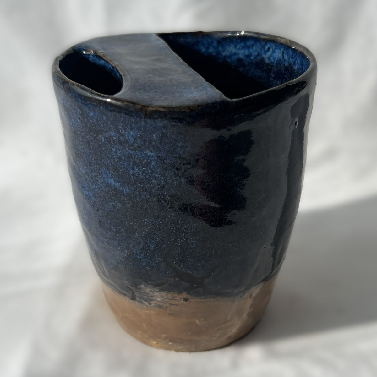 Smooth Textured Ceramic Blue and Brown to go mug with no handle