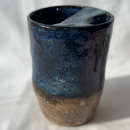 Smooth Textured Ceramic Blue and Brown to go mug with no handle