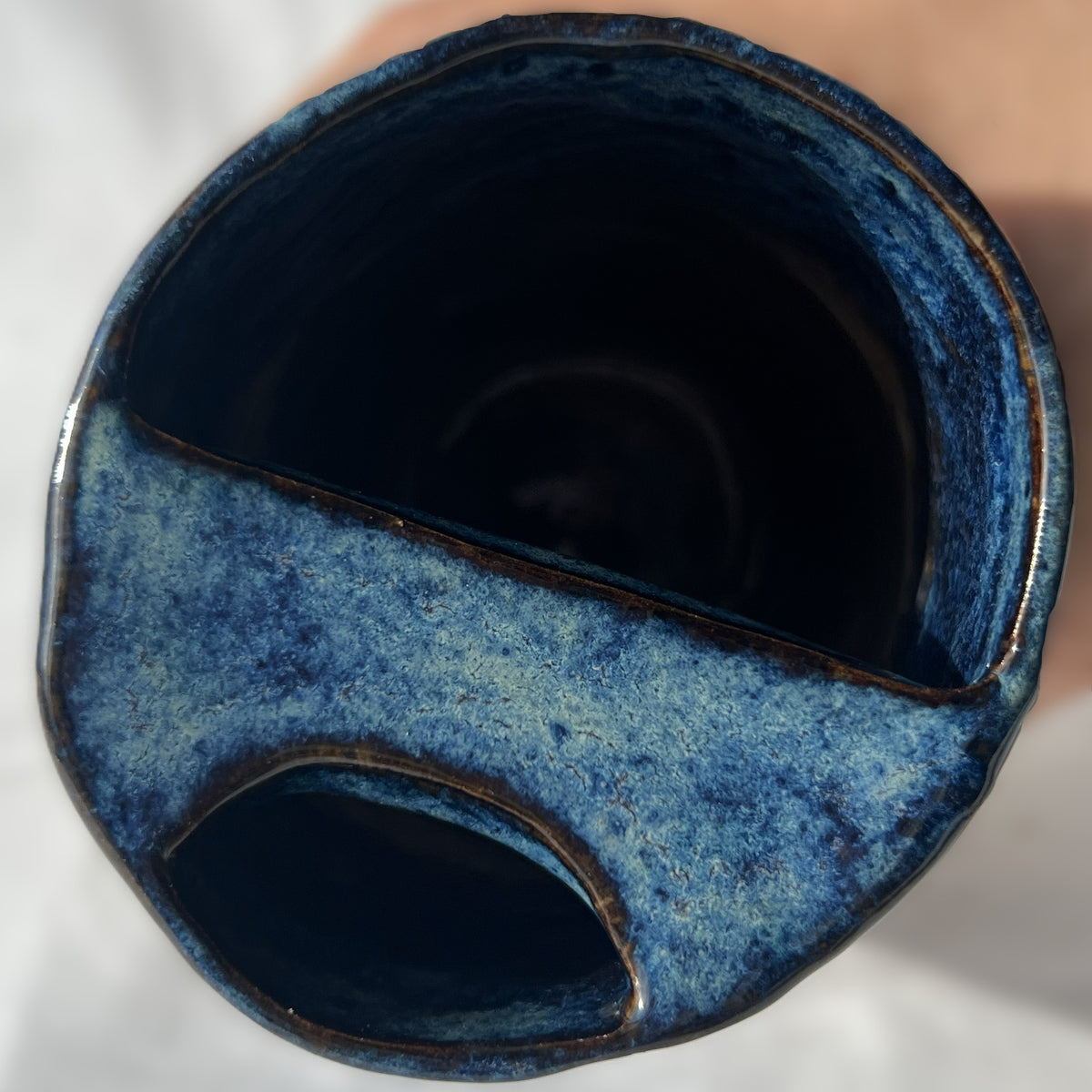 Smooth Textured Ceramic Blue and Brown to go mug with no handle