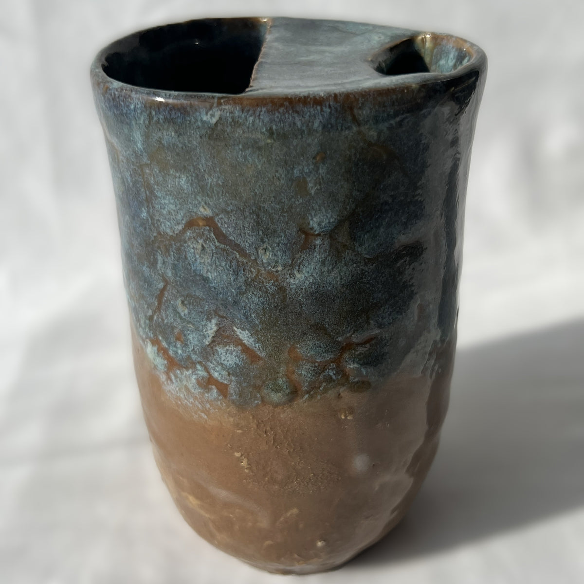 Smooth Textured Ceramic Blue and Brown to go mug with no handle