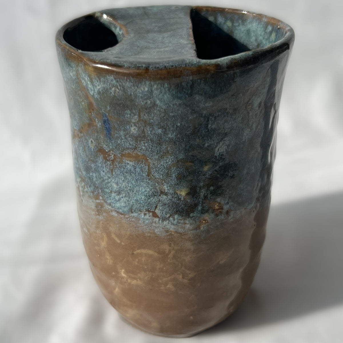 Smooth Textured Ceramic Blue and Brown to go mug with no handle