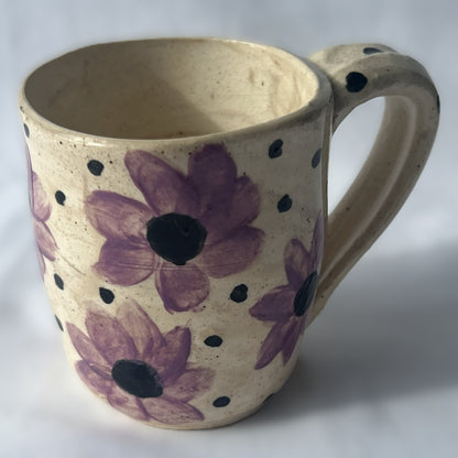 White Ceramic Mug with purple and black flower design