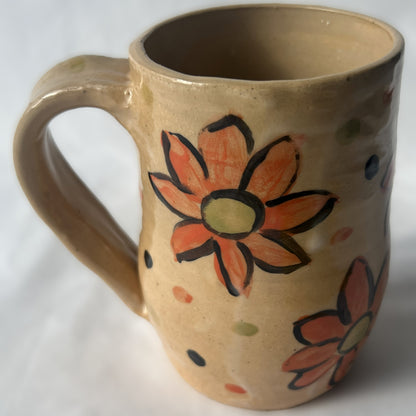 Tan Ceramic Mug with Red Flower Design