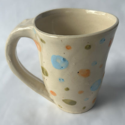 White Ceramic Mug with Orange, Green and Blue Polka Dot Design