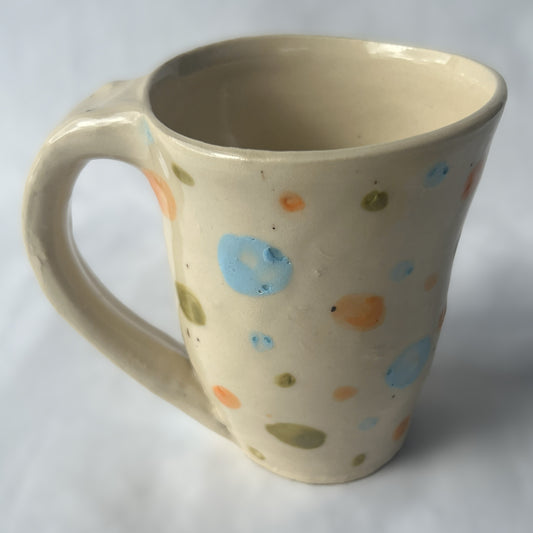 White Ceramic Mug with Orange, Green and Blue Polka Dot Design