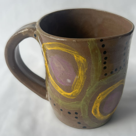 Brown Ceramic Mug with Purple Yellow and Green Bullseye Design