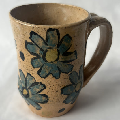 Tan Speckled Ceramic Mug with Teal Flower Design