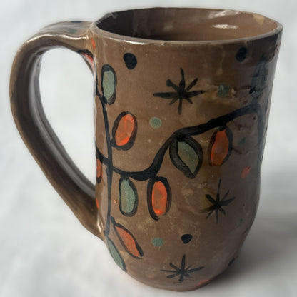 Brown Ceramic Mug with Green and Red Christmas Light Design