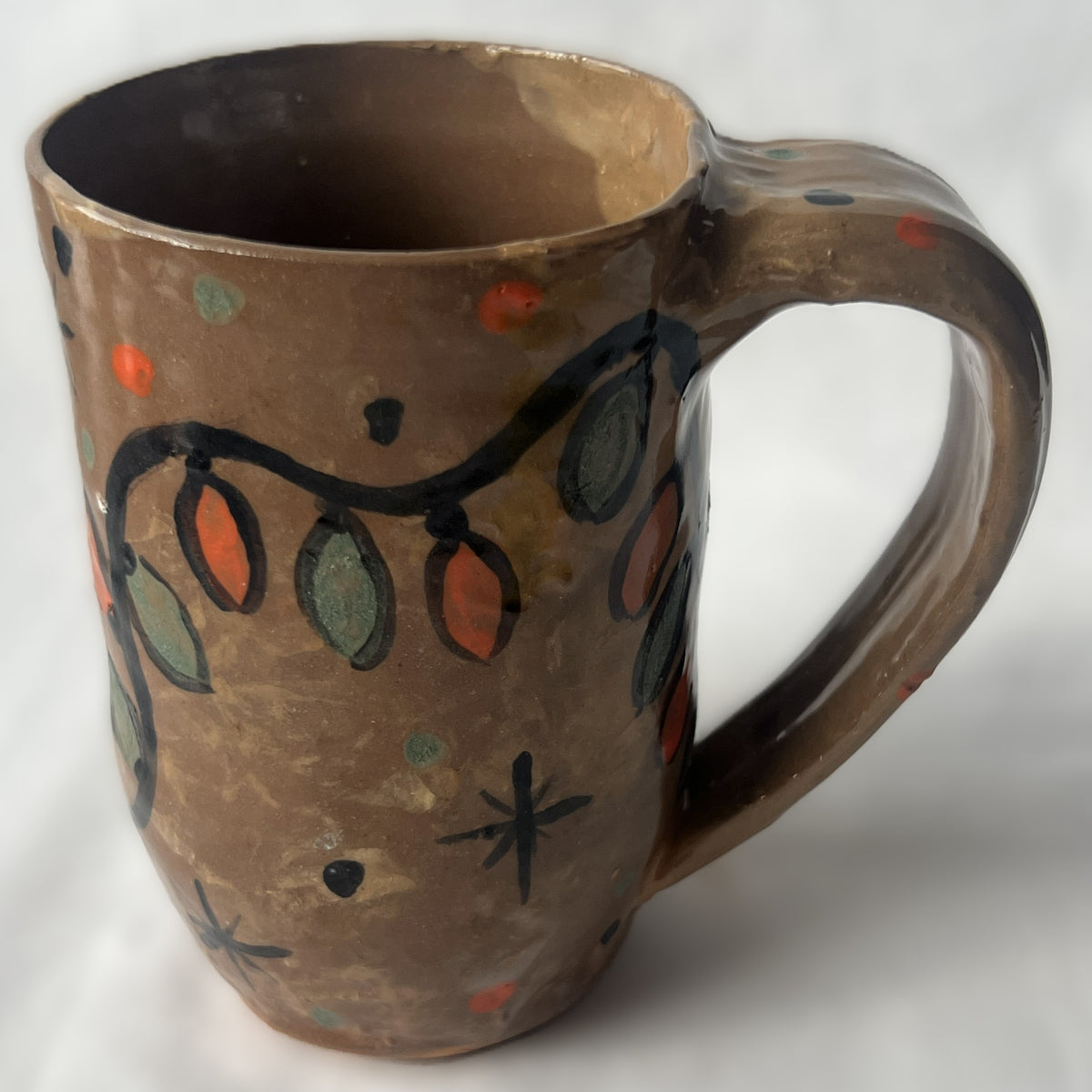 Brown Ceramic Mug with Green and Red Christmas Light Design