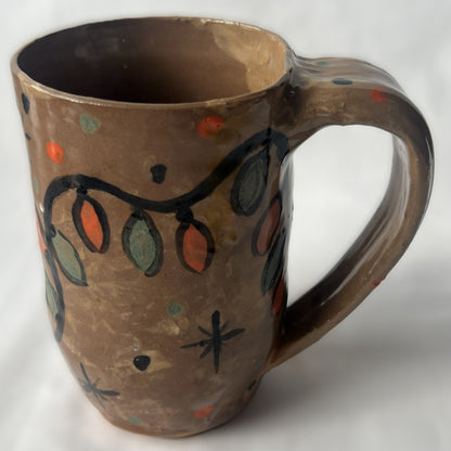Brown Ceramic Mug with Green and Red Christmas Light Design