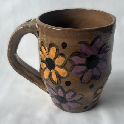 Brown Ceramic Mug with Orange and Purple Flower Design