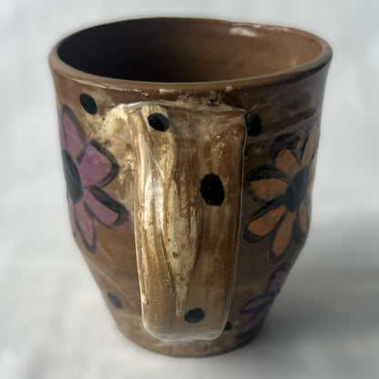 Brown Ceramic Mug with Orange and Purple Flower Design