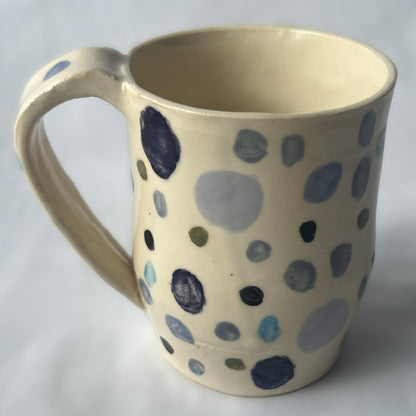 White Ceramic Mug with Purple and Blue Polka Dot Design