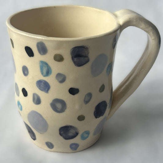 White Ceramic Mug with Purple and Blue Polka Dot Design