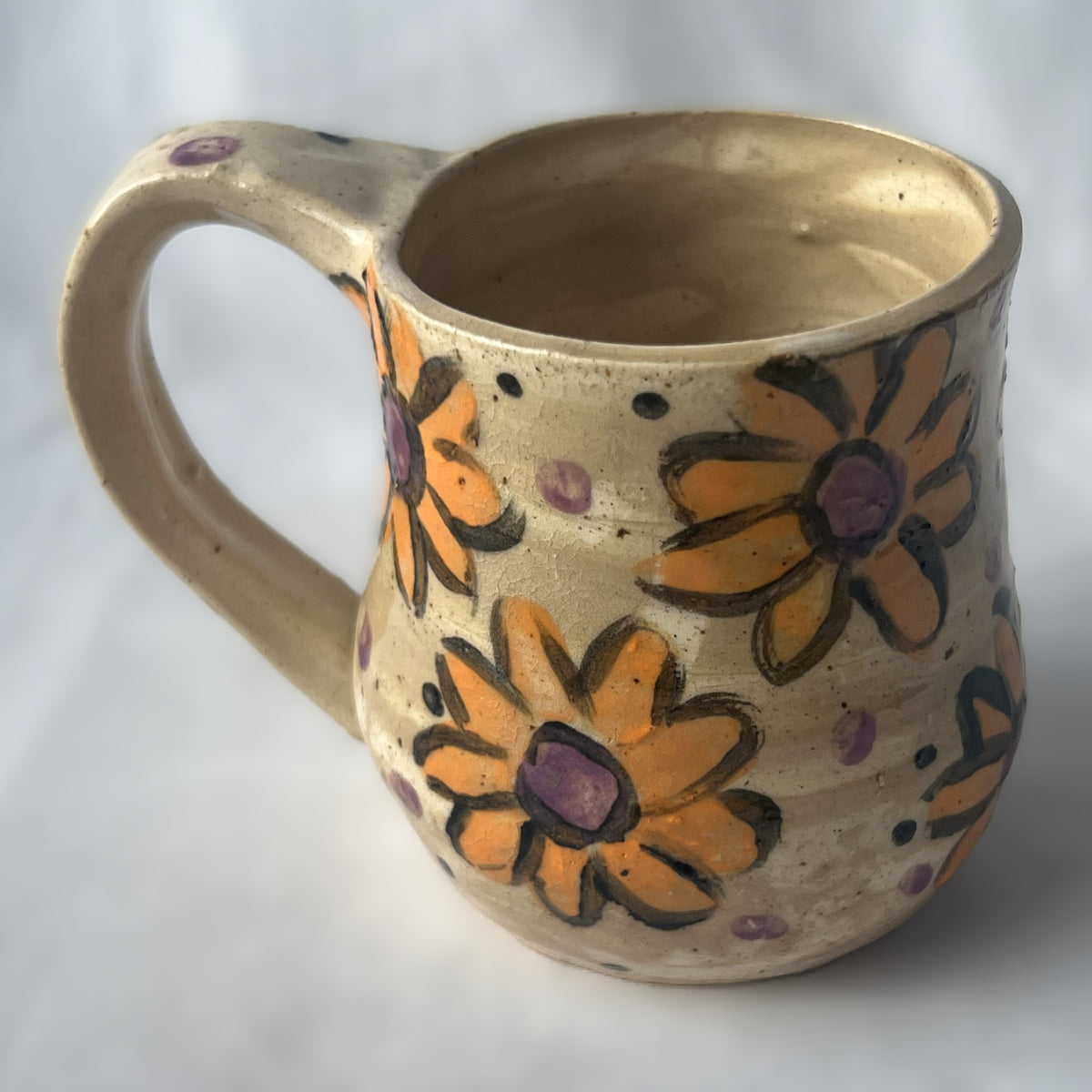 Tan Ceramic Mug with Orange Flower Design