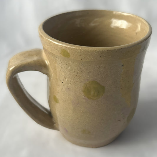 Tan Ceramic Mug with Faded Purple and Green Centered Flower Design