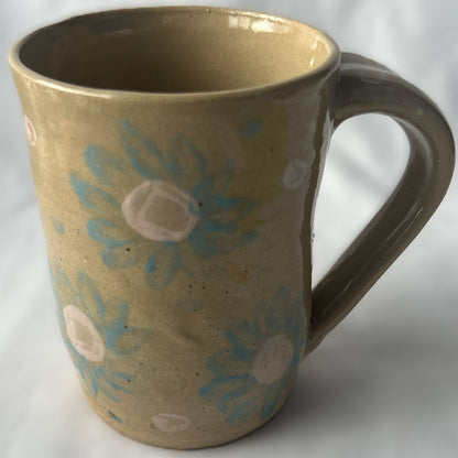 Tan Ceramic Mug with Light Blue Flower Design