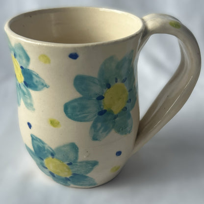 White Ceramic Mug with Blue Fower Design