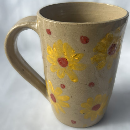 Tan Ceramic Mug with Yellow Flower Design