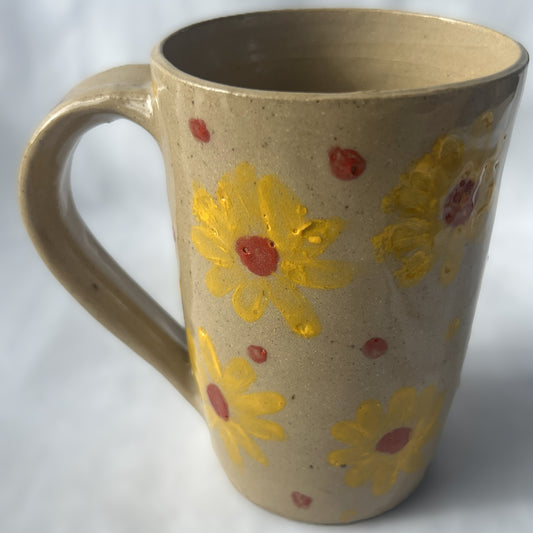 Tan Ceramic Mug with Yellow Flower Design