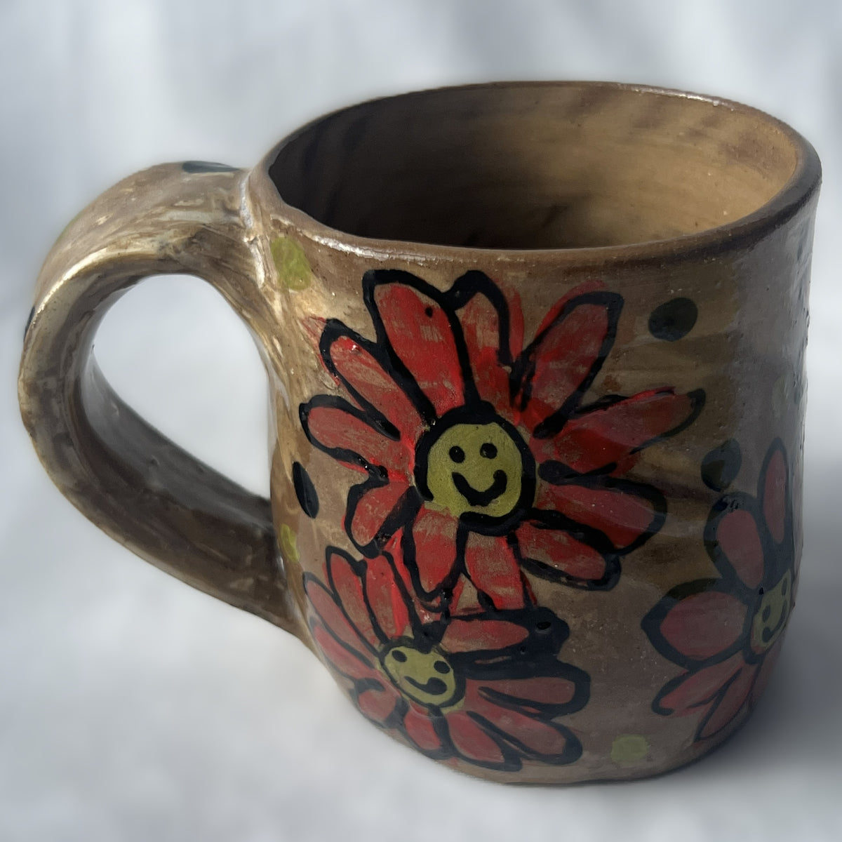 Brown Ceramic Mug with Red smiley face Flower Design 
