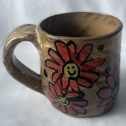 Brown Ceramic Mug with Red smiley face Flower Design 