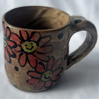 Brown Ceramic Mug with Red smiley face Flower Design 