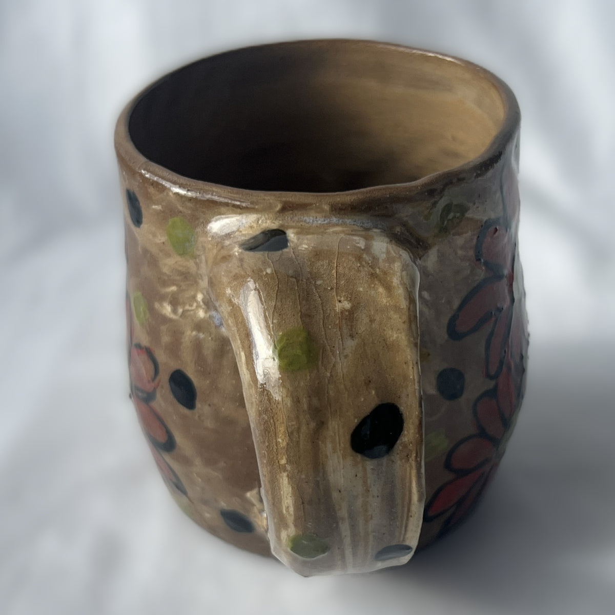 Brown Ceramic Mug with Red smiley face Flower Design 