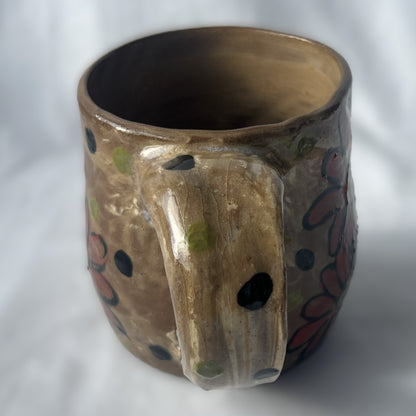 Brown Ceramic Mug with Red smiley face Flower Design 