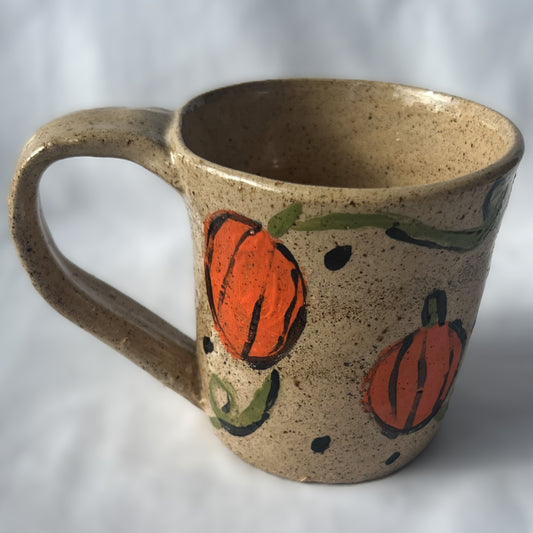 Brown Speckled Ceramic Mug with a Pumpkin Design