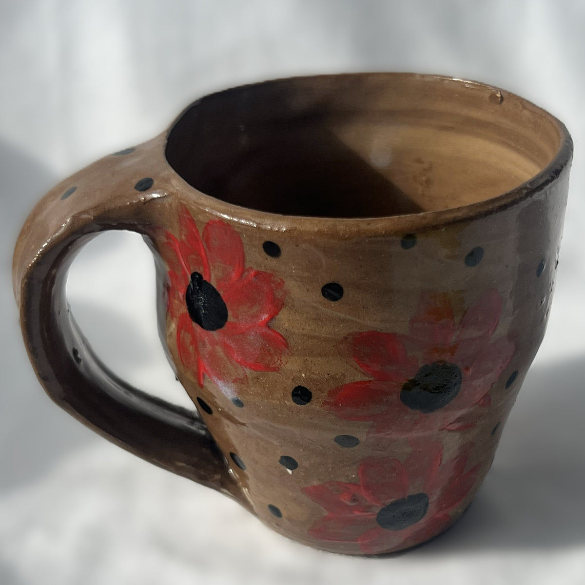 Brown Ceramic Mug with Red Flower Design 