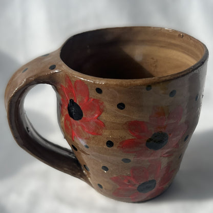 Brown Ceramic Mug with Red Flower Design 