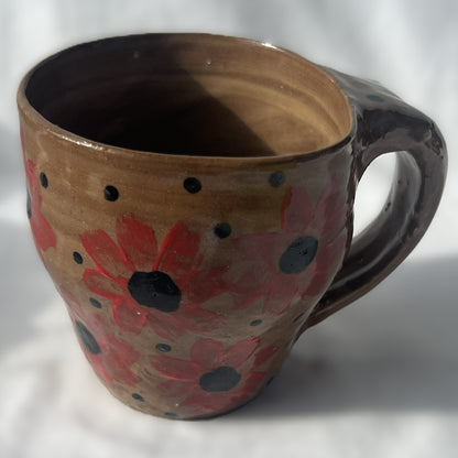 Brown Ceramic Mug with Red Flower Design 
