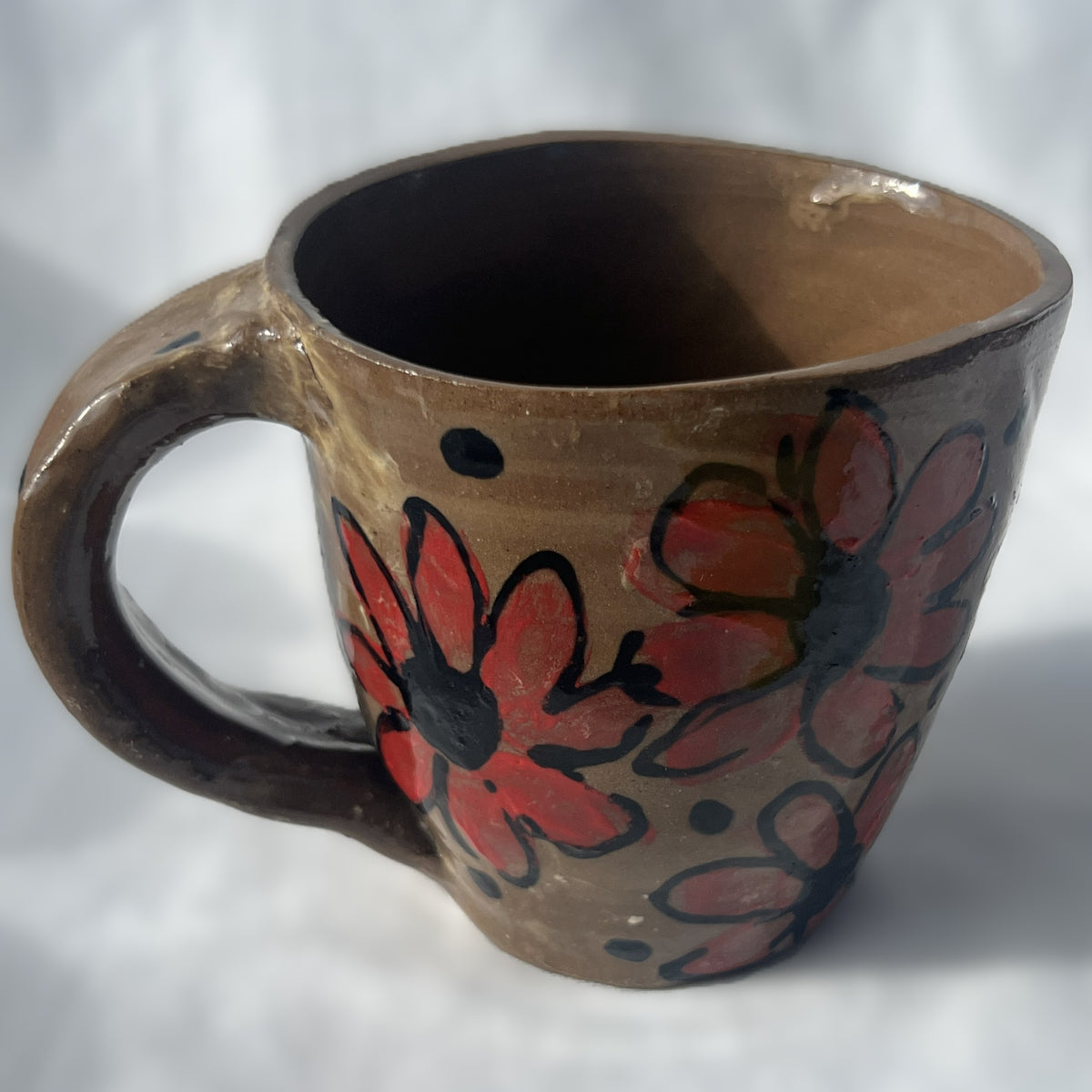 Brown Ceramic Mug with red Flower Design 
