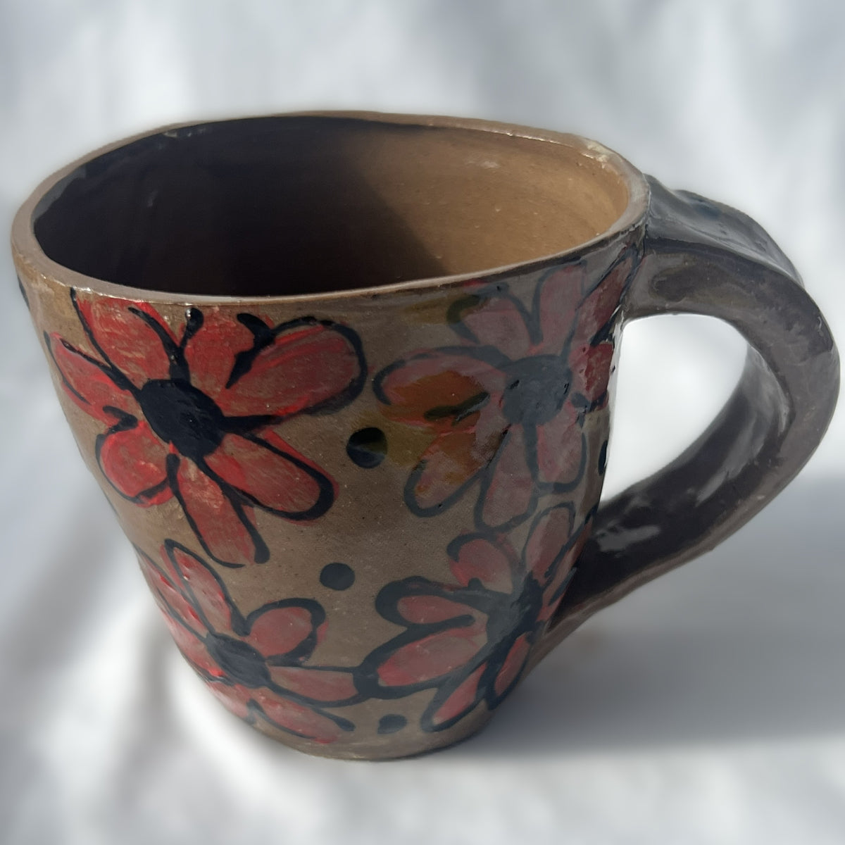 Brown Ceramic Mug with red Flower Design 