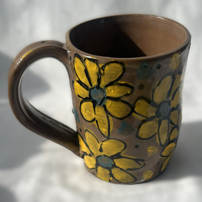 Brown Ceramic Mug with Yellow Flower Design