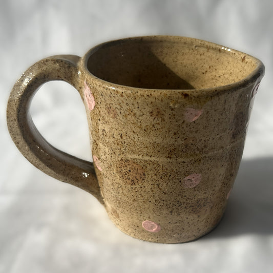 Brown Specked Ceramic Mug with brown and pink polka dot design