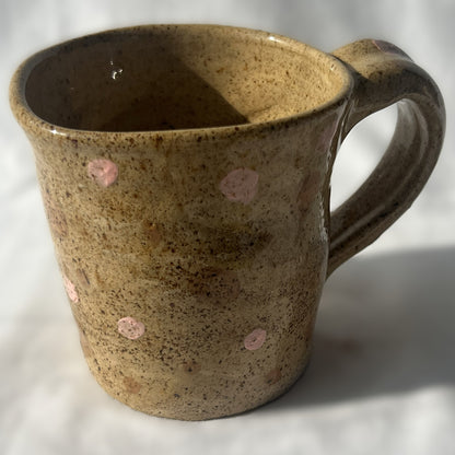 Brown Specked Ceramic Mug with brown and pink polka dot design