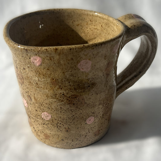 Brown Specked Ceramic Mug with brown and pink polka dot design