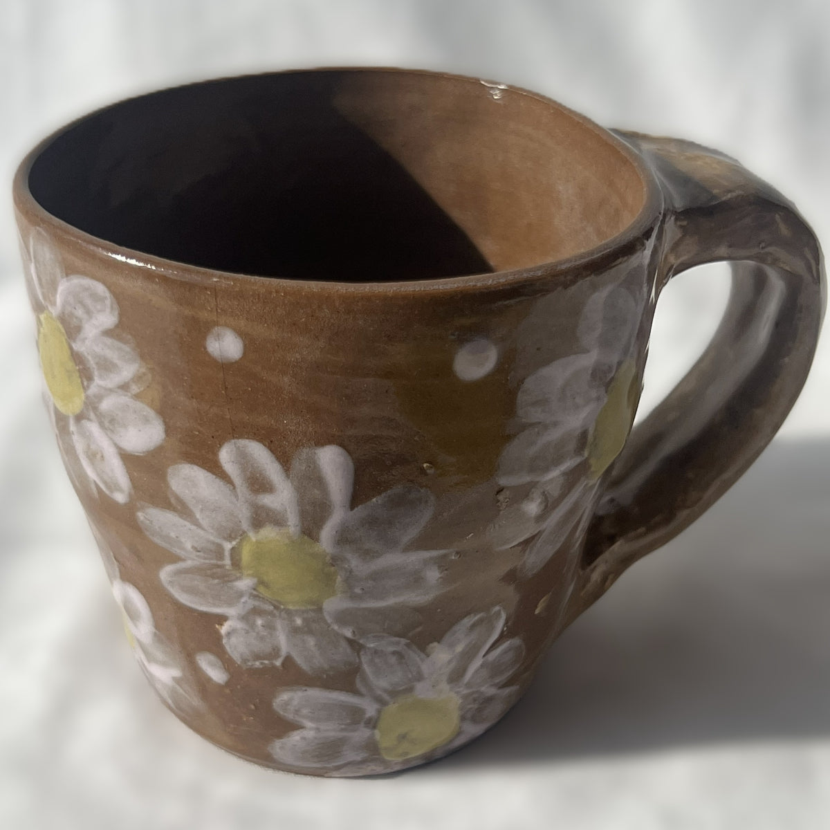Brown Ceramic Mug with White Flower Design