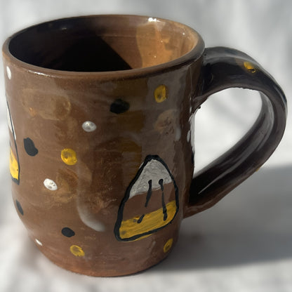 Brown Ceramic Mug with Drawn Candy Corn Design