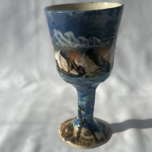 Ceramic Wine Glass with a hand drawn Mountain Scene Design