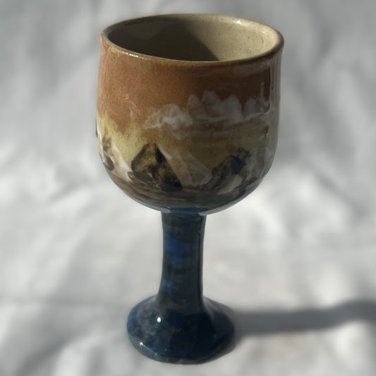 Ceramic Wine Glass with a hand drawn Mountain Scene Design