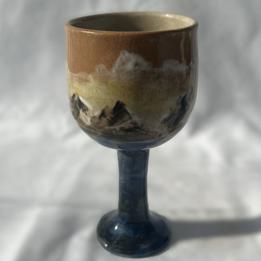 Ceramic Wine Glass with a hand drawn Mountain Scene Design